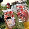 不二家日系牛奶草莓妹玻璃，水杯带盖高颜值可爱粉卡通吸管刻度杯