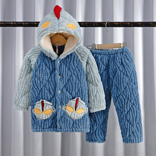 韩版中长款儿童法兰绒三层夹棉家居服，冬季长毛加厚珊瑚绒男童睡衣