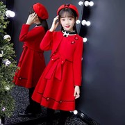 儿童裙子2023秋冬季女童，冬连衣裙2024红色，毛呢公主裙时髦洋气