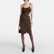法式棕色腰带半身裙 24年夏季 前开衩棉质高腰一步裙铅笔裙