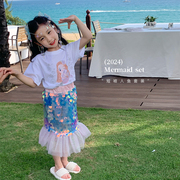 女童夏季短袖美人鱼套装24宝宝洋气卡通T恤亮片半身裙两件套
