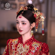 中式复古秀禾服头饰水晶，红色汉服古装，配饰古典民族宫廷结婚发饰品