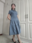 3102-3蓝色拼接全棉翻领镂空荷叶古典小包袖款修身显瘦连衣裙