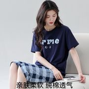 带胸垫一体睡衣女士春夏季纯棉短袖七分裤家居服夏天半袖薄款套装