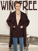 随意门WINGFREE 原创设计红棕色羊毛/黑色斜纹v领西装外套女