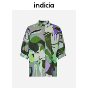 indicia纯棉森系印花绿色衬衫，上衣中袖女夏季标记女装5b304cs139
