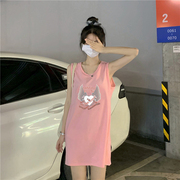 夏季学生无袖背心裙中长款睡衣，t恤女睡裙，ins韩版pink家居服吊带裙