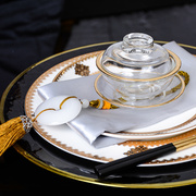 新中式餐具样板房间餐具套装，骨瓷西餐盘茶碗，餐巾流苏餐扣现代中式