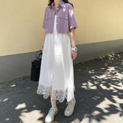 香芋紫短袖短款衬衫上衣配吊带裙白色连衣裙子套装仙女裙夏两件套