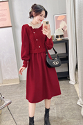 红色针织连衣裙女秋冬季中长款拼接假两件长袖毛衣裙子