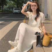 2023夏季小个子荷叶，边系带收腰雪纺连衣裙，女韩版气质米白色长裙潮