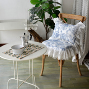 欧式法式蓝白色花朵刺绣ins蕾丝荷叶边纯棉布透气椅垫坐座垫装饰