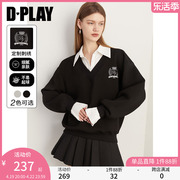 dplay春装黑色学院风刺绣假两件宽松廓形卫衣时尚美式复古女外套