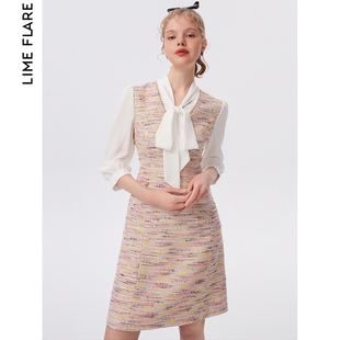 莱茵商场同款小香风假两件连衣裙围巾领设计感裙子2023秋季女
