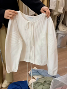 白色长袖衬衫女小个子2024春季女装风琴褶圆领绑带单排扣衬衣