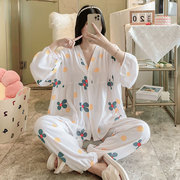 日本时尚棉绸睡衣女士空调月子家居服春秋长袖绵套装性感大码