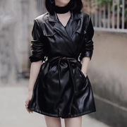 中长款皮衣外套女2023秋季设计感收腰系带长袖夹克上衣潮黑色