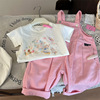 韩版童装24卡通印花短袖夏季儿童，宽松t恤粉色背带裤两件套
