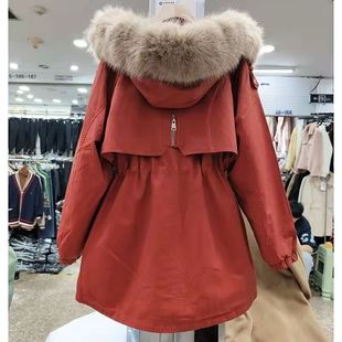 红色加绒加厚工装派克服棉衣女2023年冬季小个子显瘦棉服