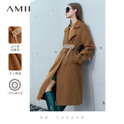 amii2024冬季羊毛双面呢大衣女设计感皮腰带，过膝长款毛呢大衣