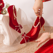 婚鞋新娘鞋红色尖头，高跟鞋女细跟2023年订婚中式秀禾服结婚鞋