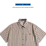 xman潮牌短袖衬衫男日系复古竖条纹口袋百搭bf风衬衣春夏薄款外套