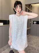 rrfashion连衣裙女2024夏季高级感重工亮片圆领坎肩裙子