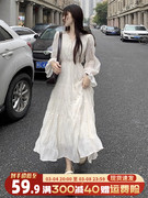 春秋装2024法式白色长袖连衣裙温柔气质仙女绝美长裙子高级感