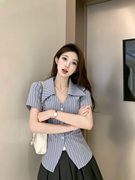 韩系短袖条纹衬衫女夏季学院风小众翻领上衣显瘦职业西装衬衣