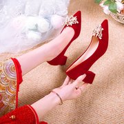 2023秋季婚鞋女新娘，红鞋子粗跟高跟鞋，5公分不累脚秀禾服
