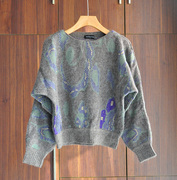 韩国vintage金线编织蝙蝠衫宽松套头短款马海毛毛衣女羊毛衫上衣