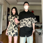 小众设计感情侣装夏季韩版短袖T恤女旗袍连衣裙法式一裙一衣ins潮