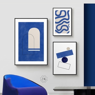 蓝色的诗现代简约抽象三联挂画客厅，背景墙壁画小众艺术餐厅装饰画