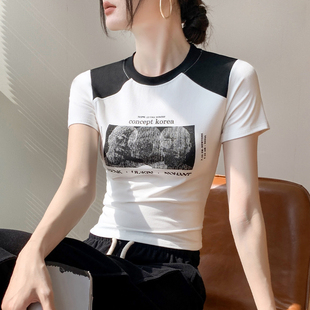 欧货拼色圆领短袖T恤女2024春季正肩设计感小众洋气修身上衣