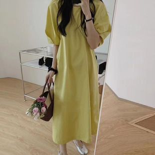 韩国chic夏季复古极简主义圆领，宽松泡泡袖，休闲纯色连衣裙长裙女