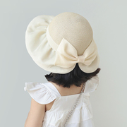 婴儿帽子夏季遮阳帽大帽檐，宝宝蝴蝶结草帽蕾丝花边女童防晒太阳帽