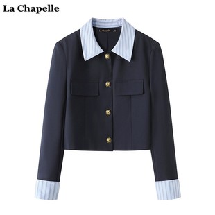 拉夏贝尔/La Chapelle条纹拼接翻领西装短款外套女春季小个子上衣