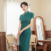 迷人堂高档复古修身孔雀绿新中式国风短袖长款纯色蕾丝旗袍连衣裙