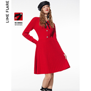 莱茵福莱尔设计感气质红色百褶裙，2024收腰a字春季针织连衣裙