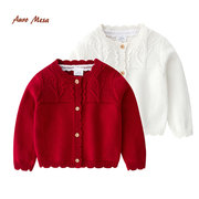 AuroMesa秋季针织毛线外套女童大红纯棉针织披肩韩版针织衫