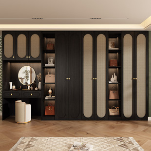 定制enf中式实木衣柜家用卧室，一门到顶中古藤编美式黑胡桃欧松板