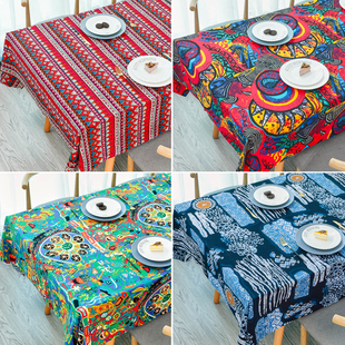 民族风桌布印花棉麻，酒吧餐桌布艺复古风波西米亚，茶几布长方形台布