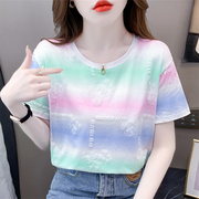 重工彩虹条纹扎染T恤女短袖2023夏季韩版宽松印花圆领上衣