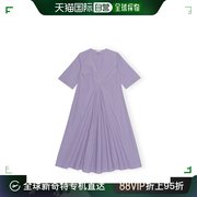 欧洲直邮ganni23女白紫色，条纹棉质宽松v领长连衣裙