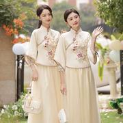 中式伴娘服女冬季2023汉服，姐妹装结婚礼服小个子，旗袍伴娘团裙