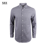 XEE商场同款春秋款男士深蓝色细格纹商务休闲纯棉长袖衬衫
