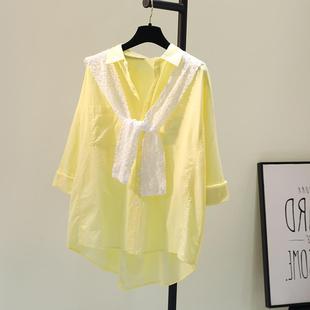 黄色配蕾丝披肩棉麻衬衫，女2023夏季韩版宽松休闲衬衣文艺上衣