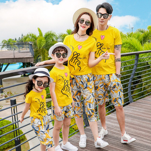 男女童亲子装黄色短袖t恤母女装，短裤套装团体，服装旅游度假7家庭装