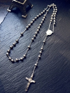 欧美个性时尚圆珠男女长款毛衣念珠项链钛钢十字架吊坠潮流装饰品