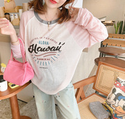 兔美善韩国女装24春新减龄粉嫩洋气字母，印花坑条长袖防晒t恤